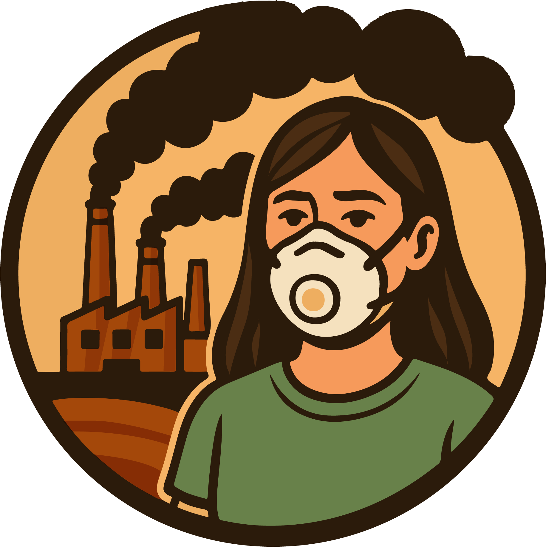 Mujer usando cubrebocas con una fabrica en el fondo echando humo sucio al aire.